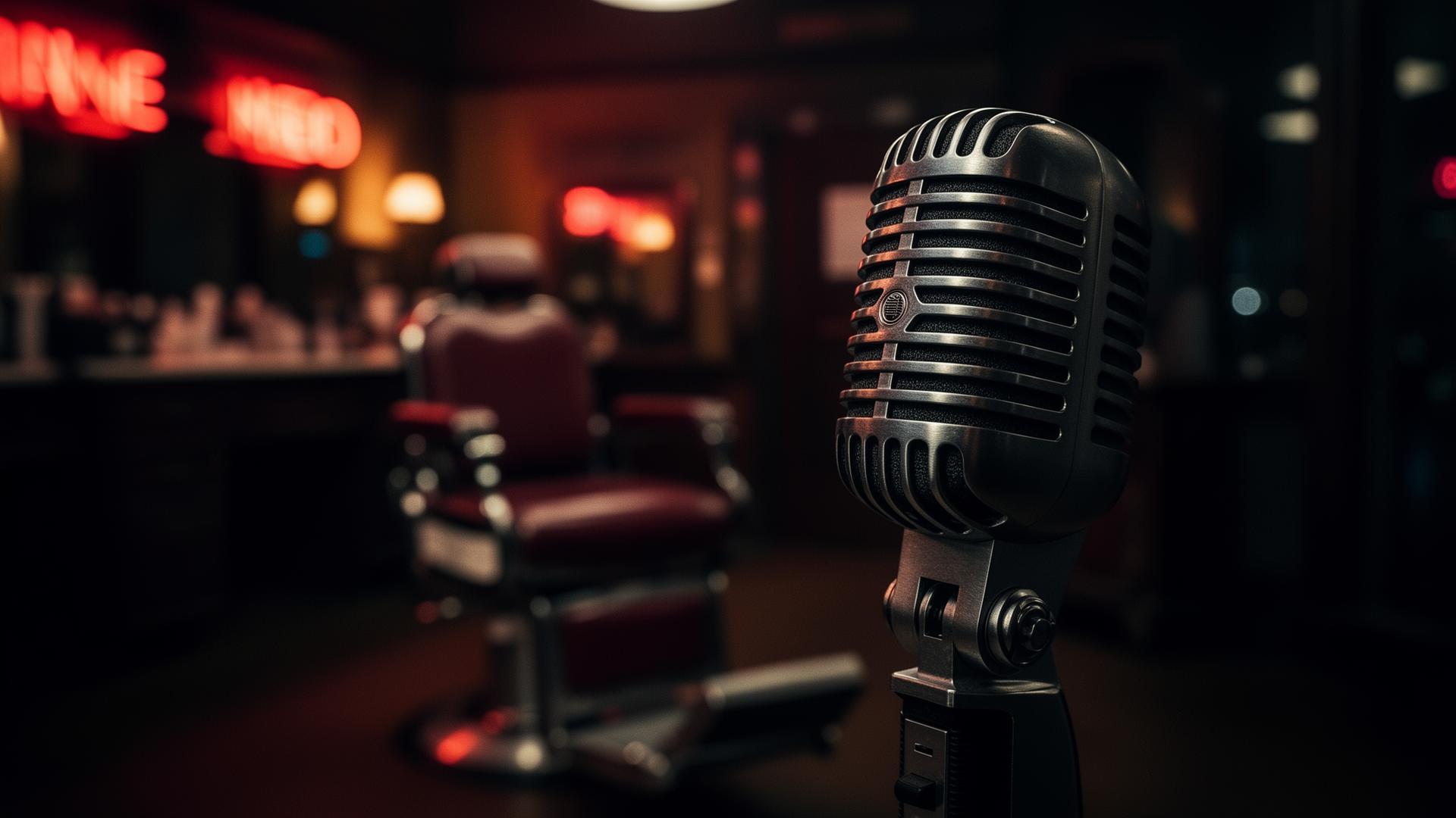 Barber chair and broadcast microphone in dramatic studio lighting